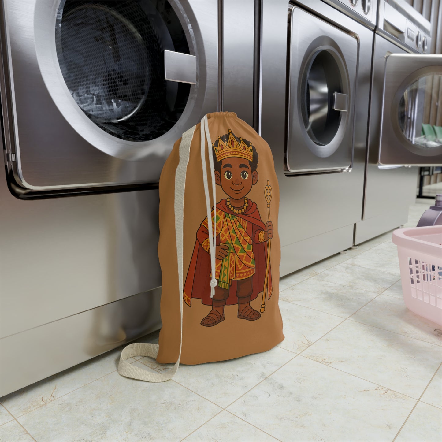 Royal Prince Laundry Bag — Brown Kids Laundry Tote with Crowned Boy Illustration