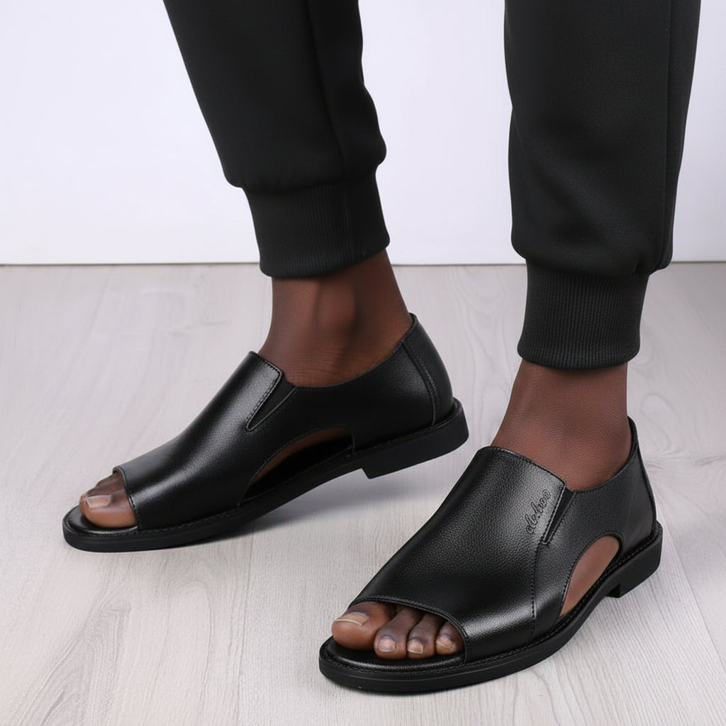 Men's Genuine Cowhide Leather Slip-On Sandals