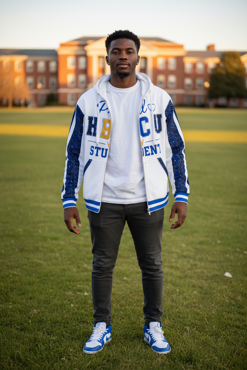 HBCU Unisex Students Zip Hoodie – All-Over Print Recycled Fleece in Blue and White