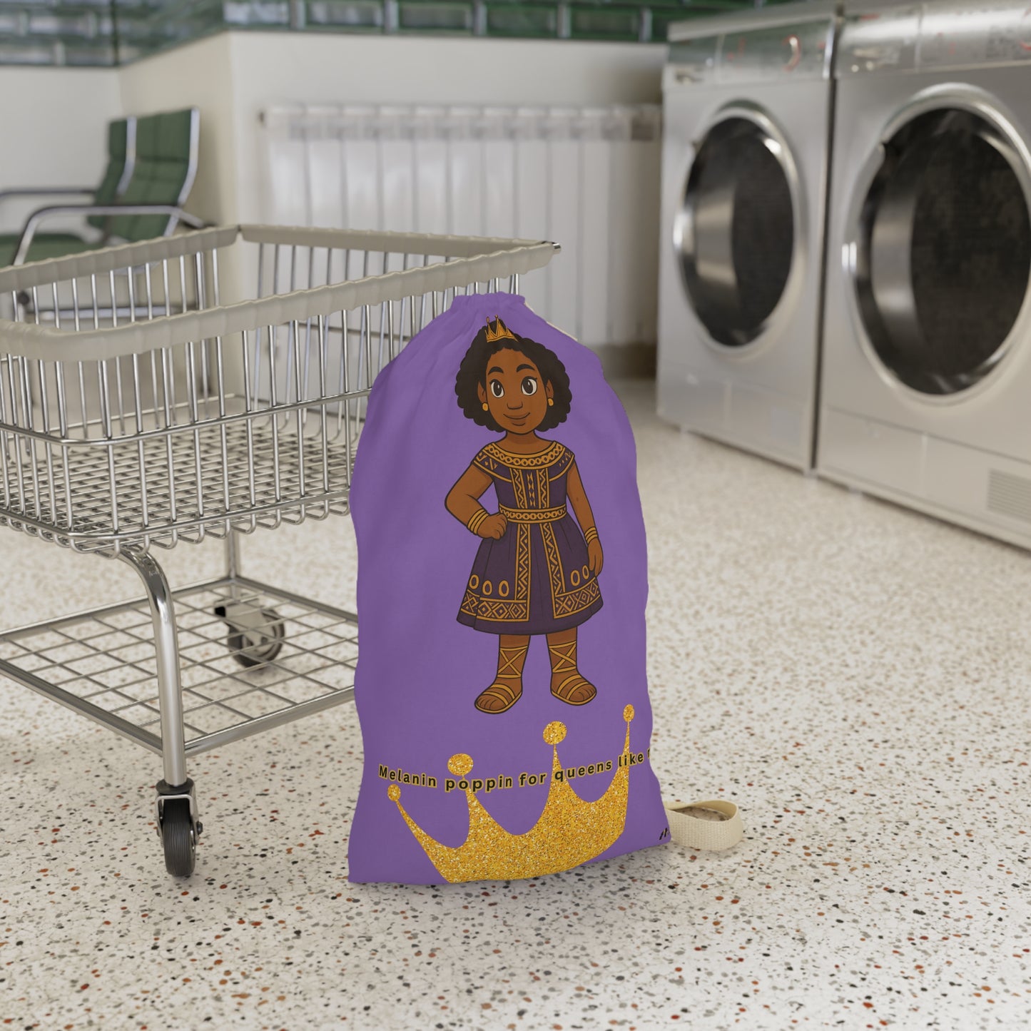 Purple Crowned Black Girl Laundry Bag — Vibrant Self-Love Drawstring Hamper