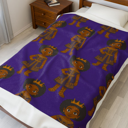Princess Kids Plush Blanket — Purple Velveteen Cozy Throw with Crowned Girl Pattern