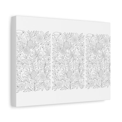 Tropical Paradise– Exotic Birds & Blooms Line Art Matte Canvas Print — Stretched 1.25"