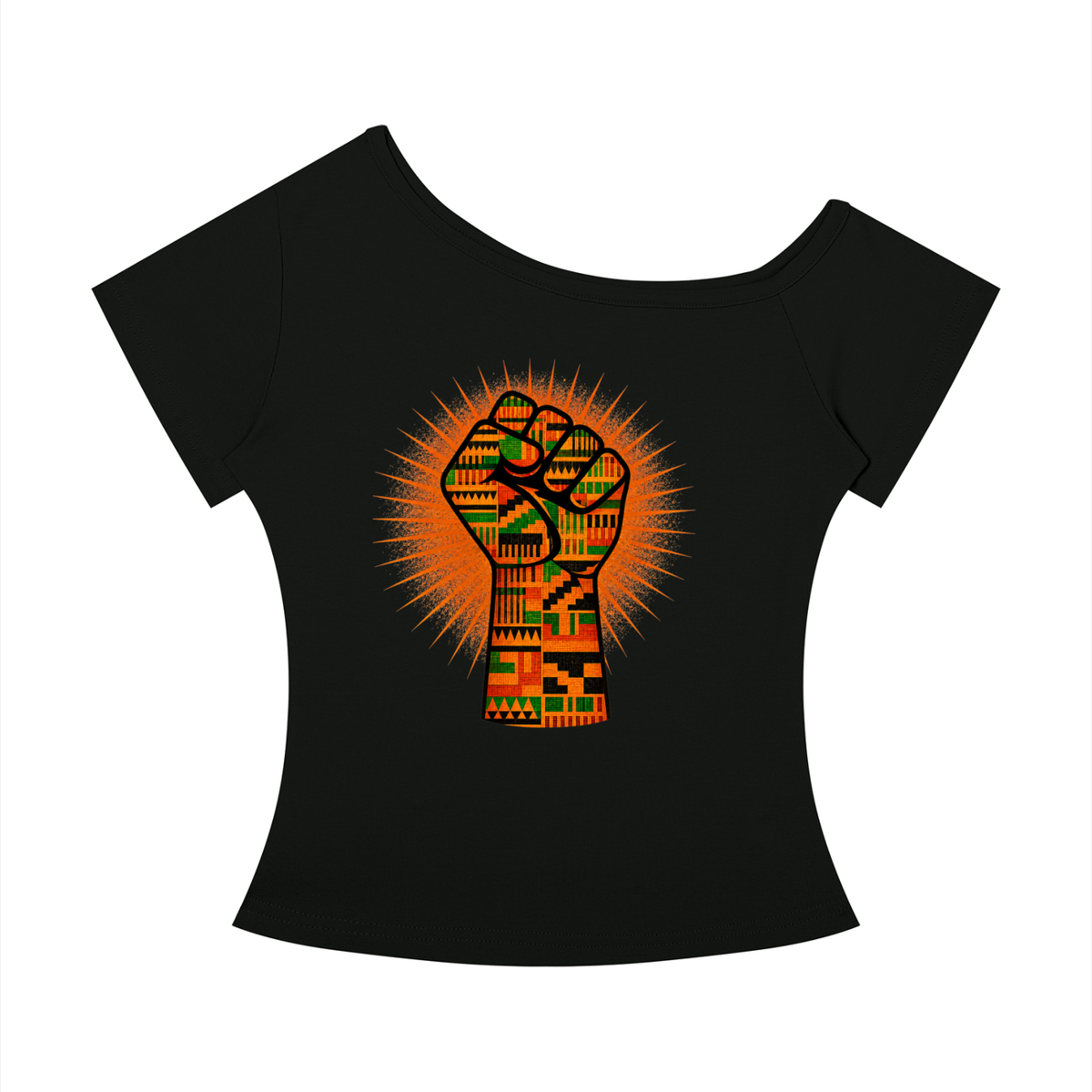 Raised in Culture Womens Off-the-Shoulder Tee - Orange Fist
