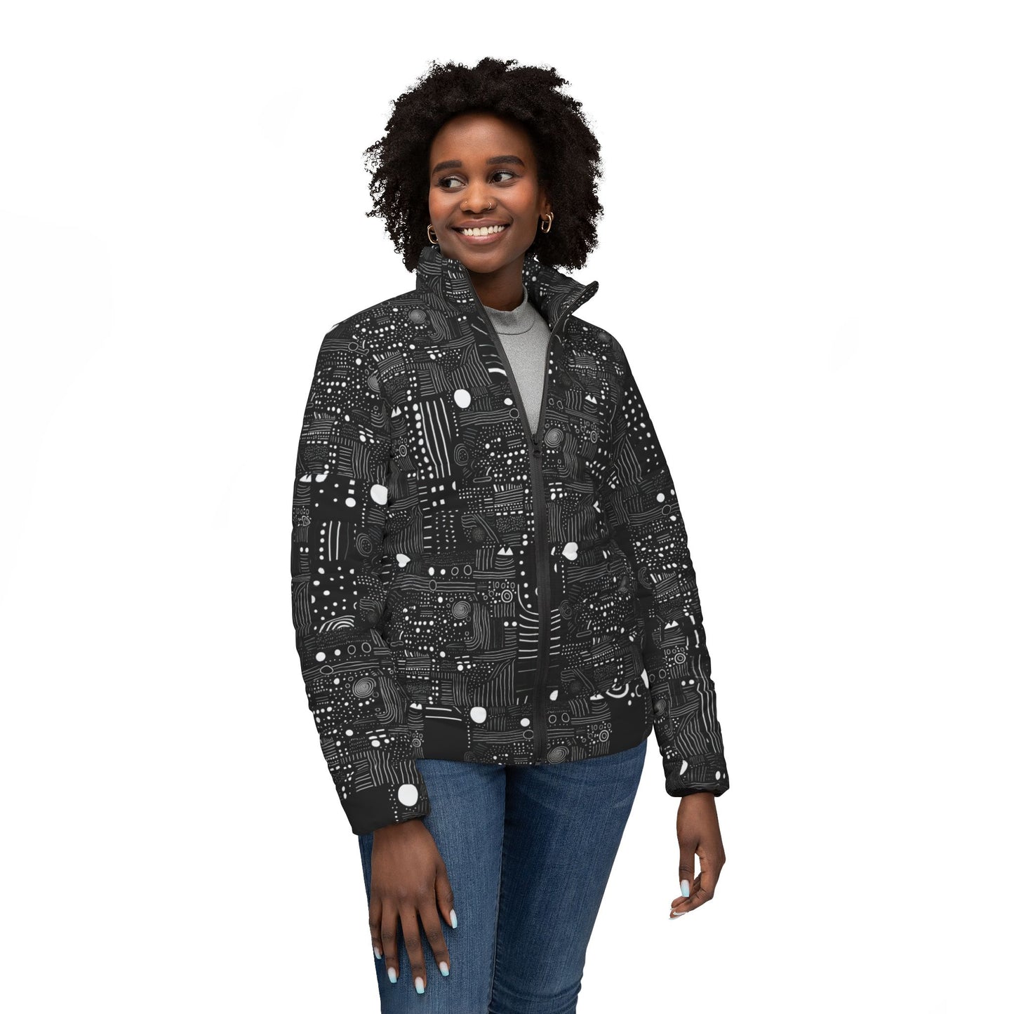Tribal Artisan Loop Geometric Puffer Jacket for Women