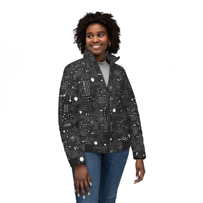 Tribal Artisan Loop Geometric Puffer Jacket for Women