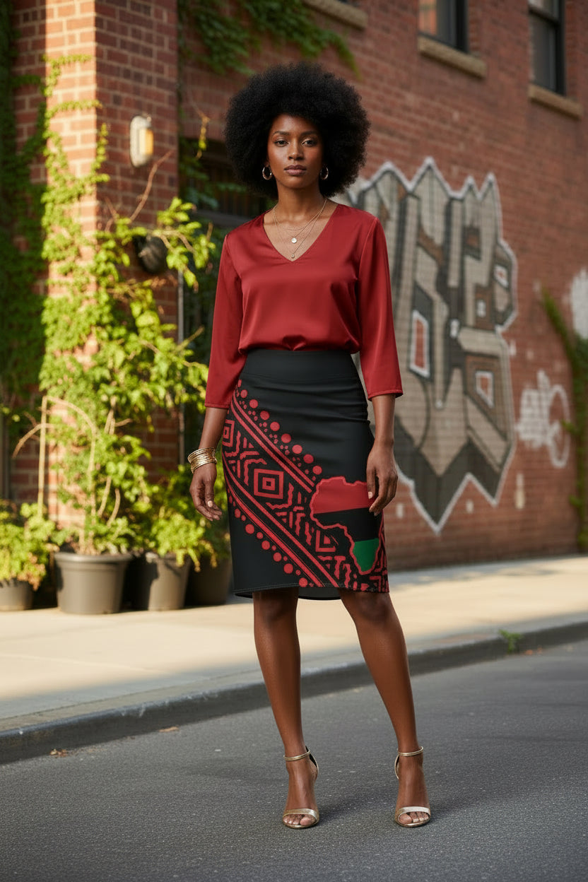Golden Continent Pencil Skirt (Red)
