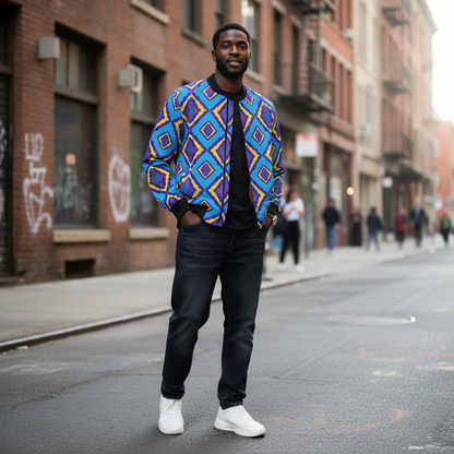 Electric Sky Ikat-Print Unisex Bomber