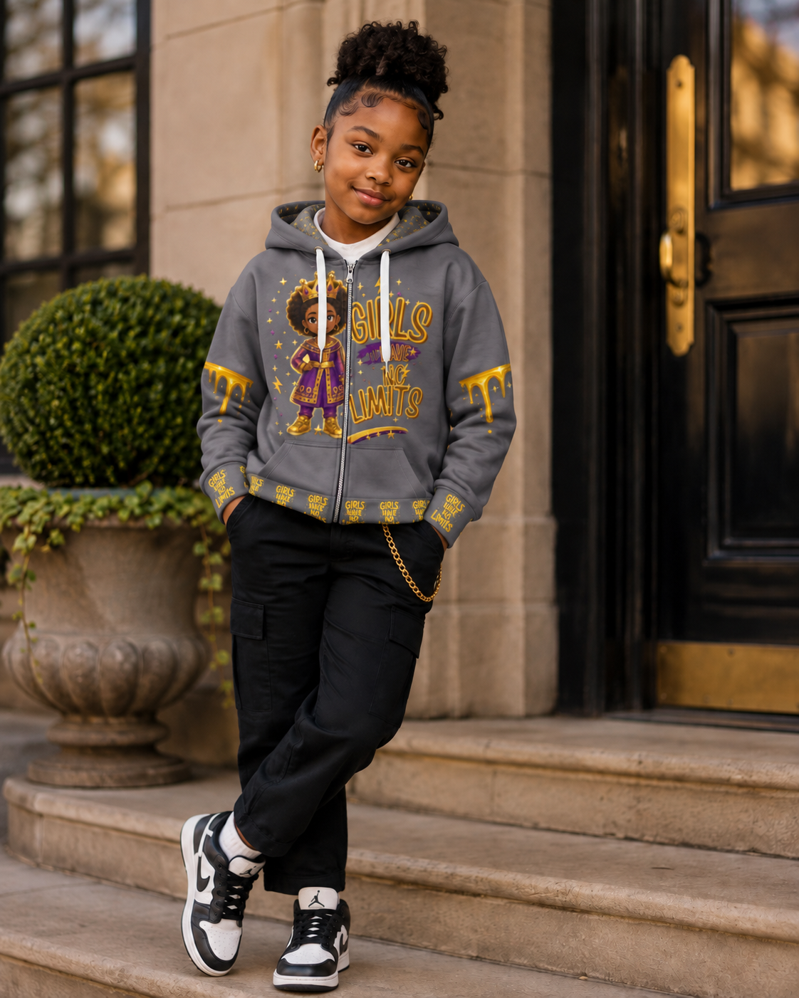 No Limit Melanin Drip Zip-Up Hoodie for Girls in Grey