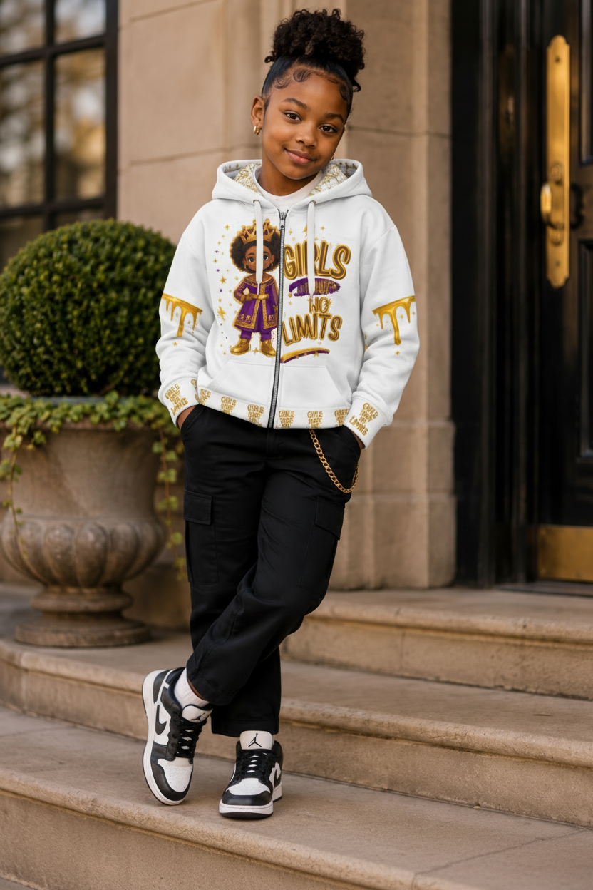 No Limit Melanin Drip Zip-Up Hoodie for Girls in White