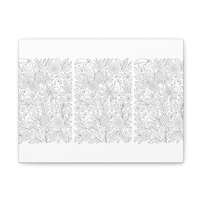 Tropical Paradise– Exotic Birds & Blooms Line Art Matte Canvas Print — Stretched 1.25"