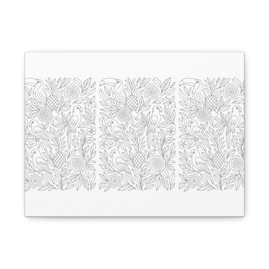Tropical Paradise– Exotic Birds & Blooms Line Art Matte Canvas Print — Stretched 1.25"