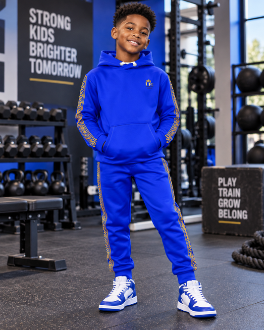 Nubian Pride Tribal Youth Unisex Hoodie in Neon Blue