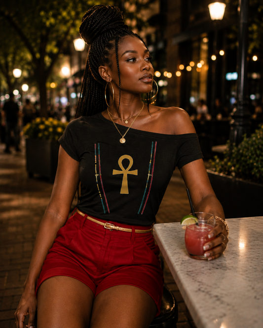 Ankh Lines Womens Off-the-Shoulder Tee