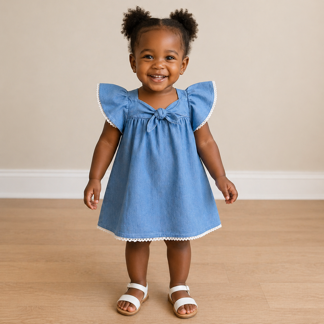 Girls Flutter Sleeve Denim Dress