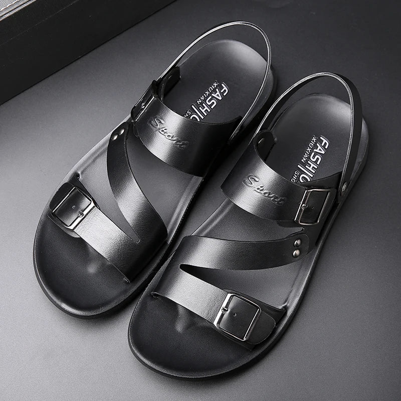 Men's Genuine Cow Leather Roman Gladiator Slip-On Sandals