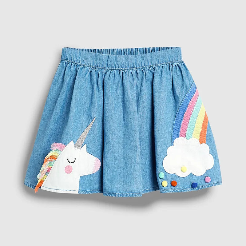 Girls' A-Line Denim Skirt with Cartoon Appliqué