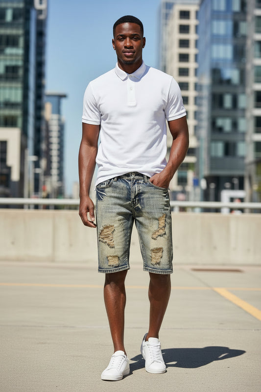 Men's Vintage Washed Ripped Denim Shorts