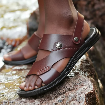 Men's Genuine Cow Leather Roman Gladiator Slip-On Sandals
