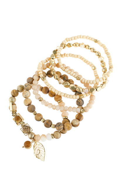 Natural Stone Mixed Beads Leaf Charm Bracelet
