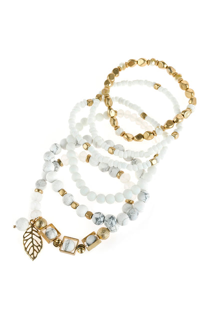 Natural Stone Mixed Beads Leaf Charm Bracelet