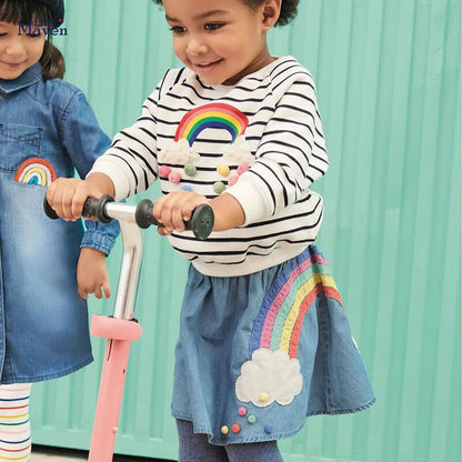 Girls' A-Line Denim Skirt with Cartoon Appliqué