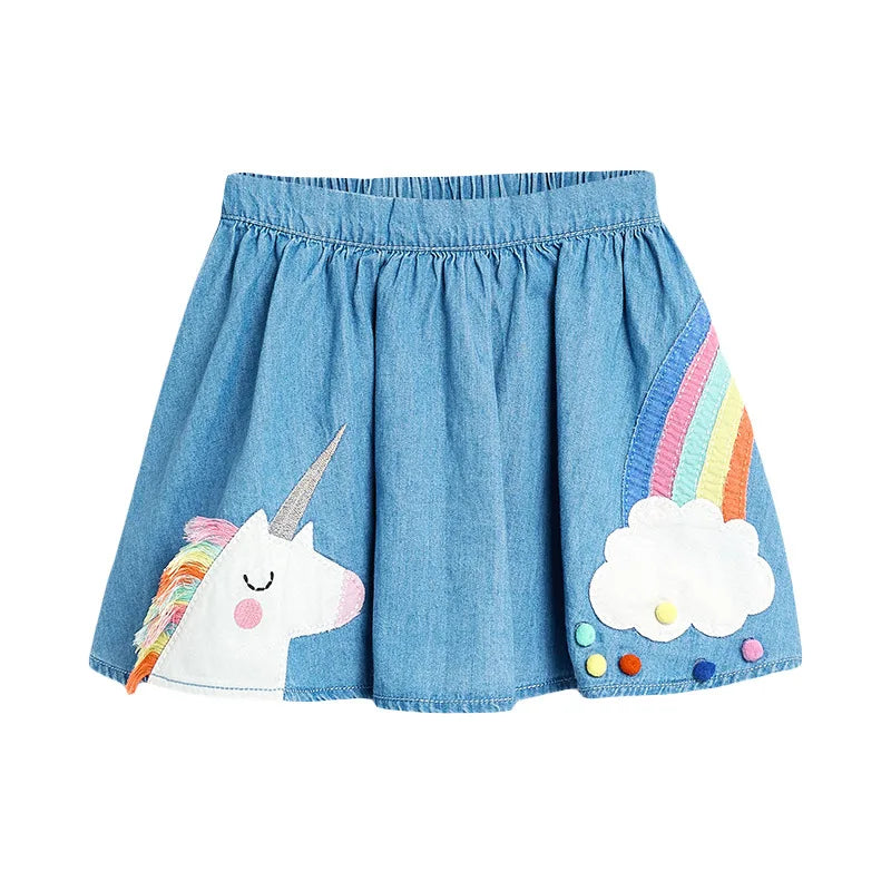 Girls' A-Line Denim Skirt with Cartoon Appliqué
