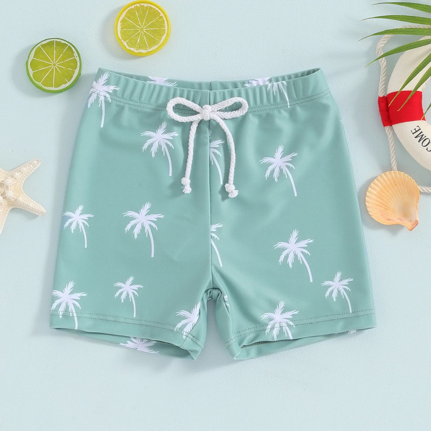 Boys Dinosaur & Coconut Tree Print Swim Shorts