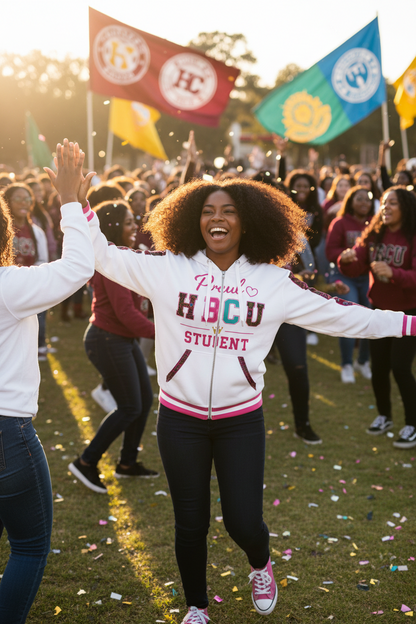 Proud HBCU Student Unisex Zip Hoodie – All-Over Print in Fuschia and White