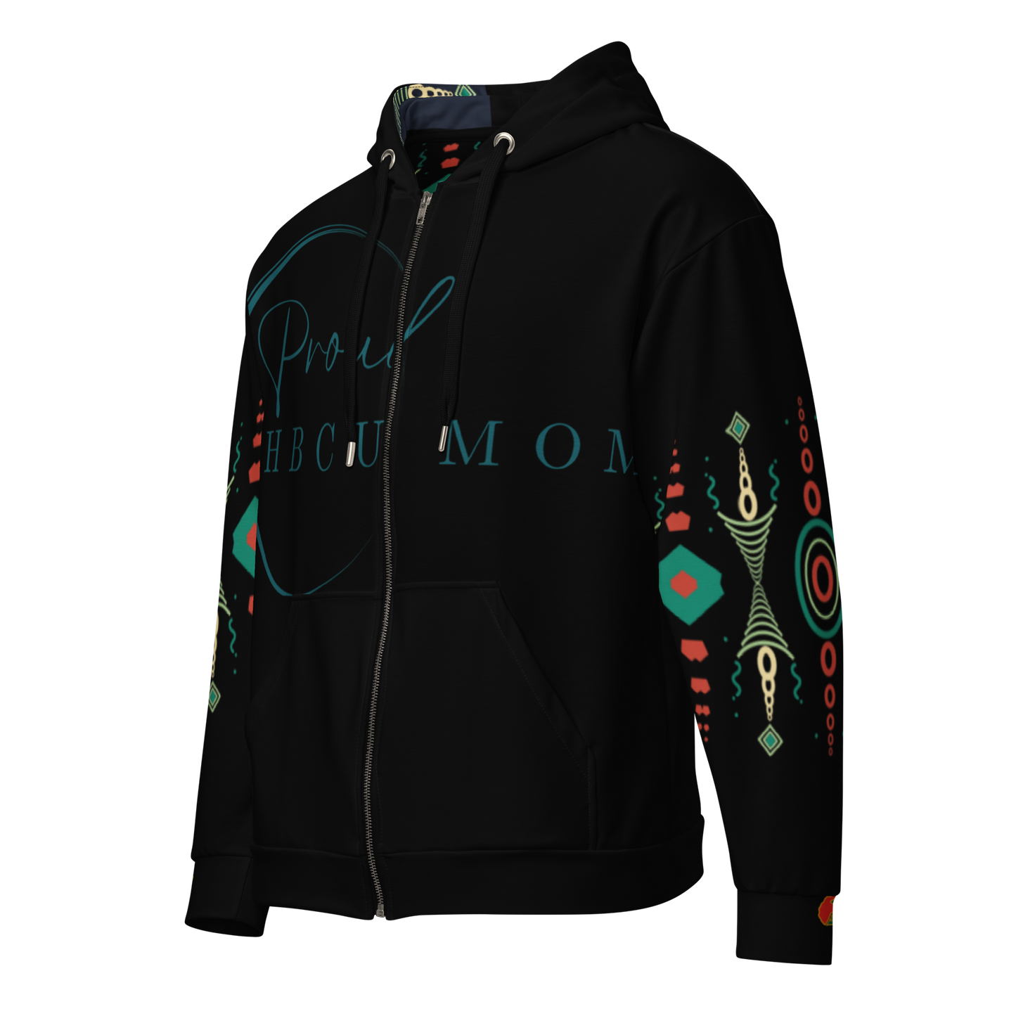 HBCU Proud Parent Eco-Zip Hoodie – Comfort, Legacy & Black Excellence in Turquoise and Black Tribal Print