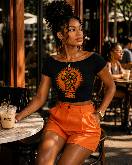 Raised in Culture Womens Off-the-Shoulder Tee - Orange Fist