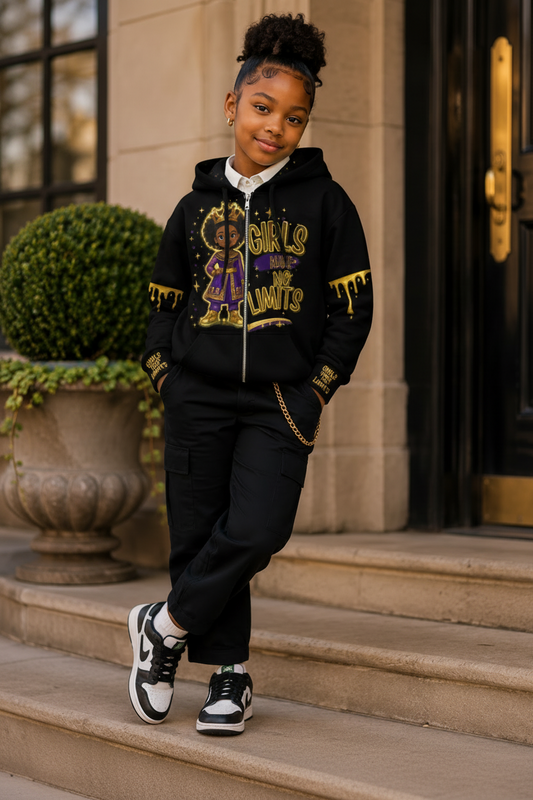 No Limit Melanin Drip Zip-Up Hoodie for Girls in Black