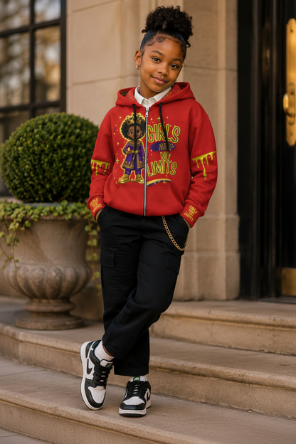 No Limit Melanin Drip Zip-Up Hoodie for Girls in Red